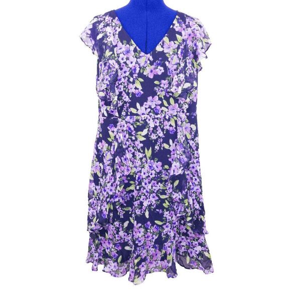 Tommy Hilfiger Navy Blue and Purple Floral Patterned Dress Size 14 - Picture 1 of 4